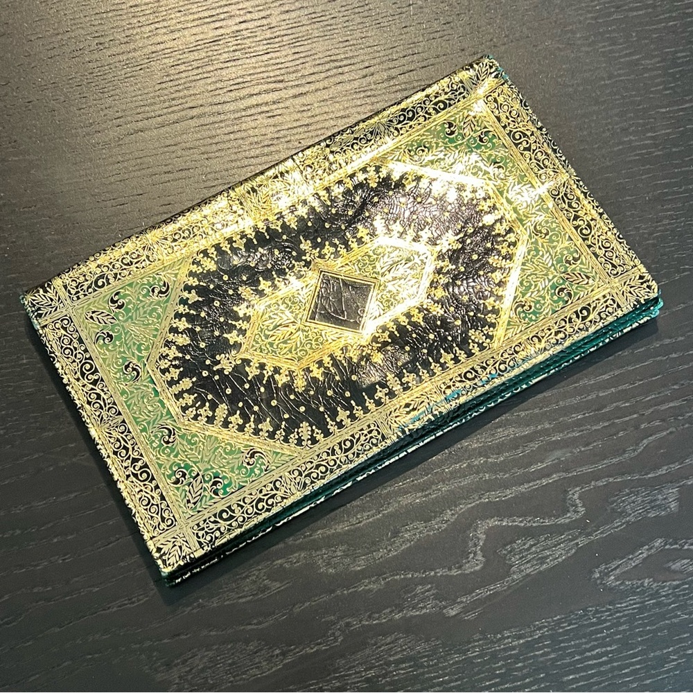 Vintage Green and Black Embossed Gold Accent Clutch